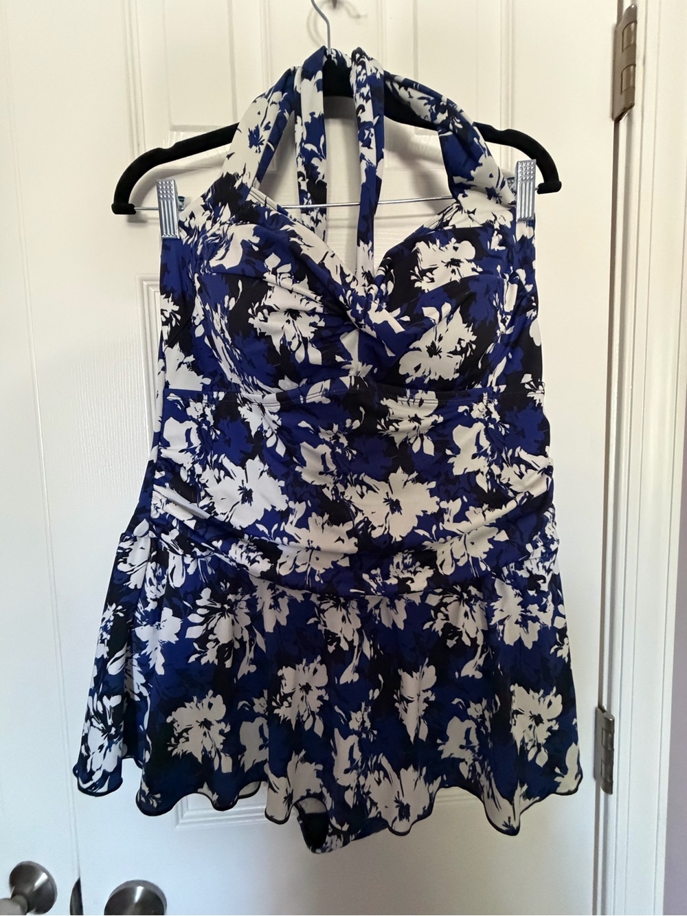 Swimsuits For All Navy and White Floral Halter Swimdress